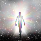 Man in rainbow light and stars