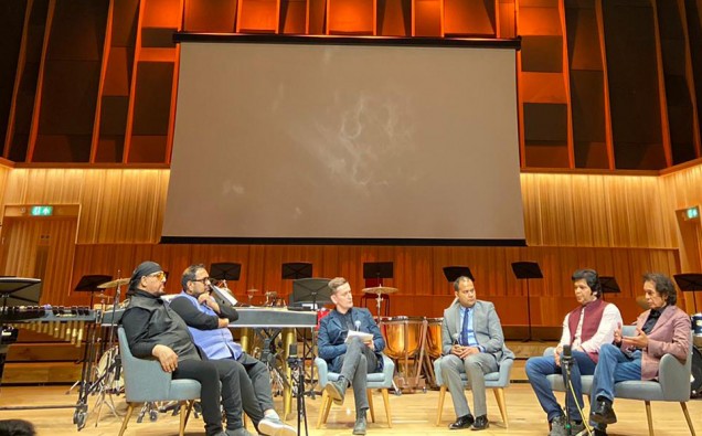 Louiz Banks, Shankar Mahadevan, Lyle Bignon, Shyam Naban, Rakesh Chaurasia, Zakir Hussain at Royal Birmingham Conservatoire credit Jas Sansi for BCU