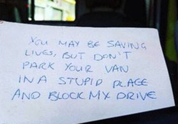 The shocking note pinned to the windscreen of an ambulance on a 999 call